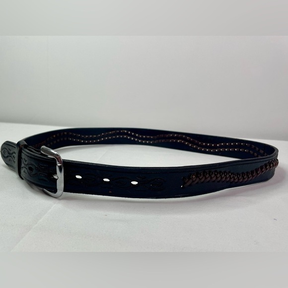 Black and Brown Braided Leather Belt Silver Buckle - Picture 4 of 8